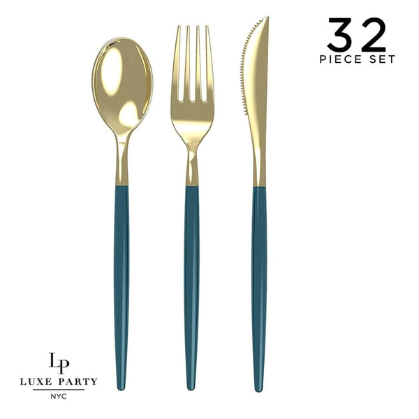 Teal - Gold Plastic Cutlery Set